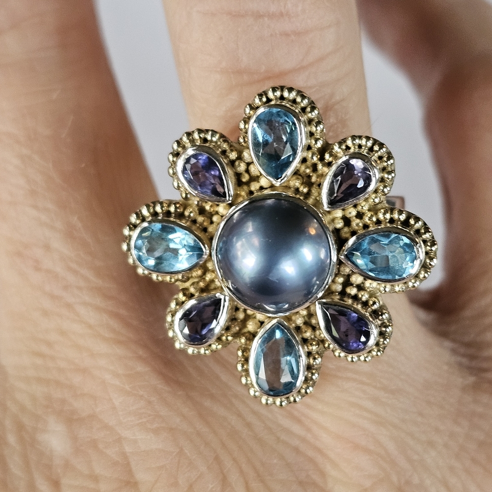 Exquisite Vintage Mabe Pearl, Swiss Topaz, Iolite Ring Sterling Silver Size 7! - Picture 3 of 8